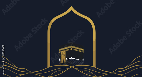 The image depicts a crescent moon surrounded by a starry sky above the Kaaba. The serene night sky creates a calming and spiritual atmosphere, symbolizing the sacredness of the pilgrimage during Hajj.