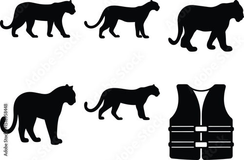 A black and white silhouette image of several wild cats and a lifejacket
