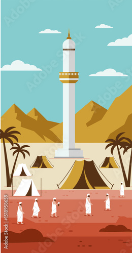A serene desert scene featuring a mosque in the distance, with tents scattered around, showcasing the peaceful desert life alongside traditional Islamic structures.