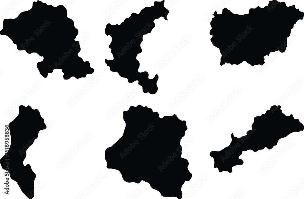Silhouetted Map Outlines Representing Different Regions, Possible Countries or Islands Silhouetted Map Outlines Representing Different Regions, Possible Countries or Islands