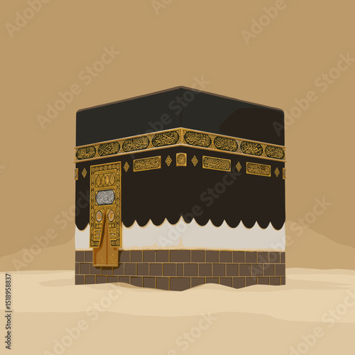Pilgrims in white robes stand together in front of the Kaaba during the Hajj pilgrimage, with a reverent and holy atmosphere surrounding the sacred site.