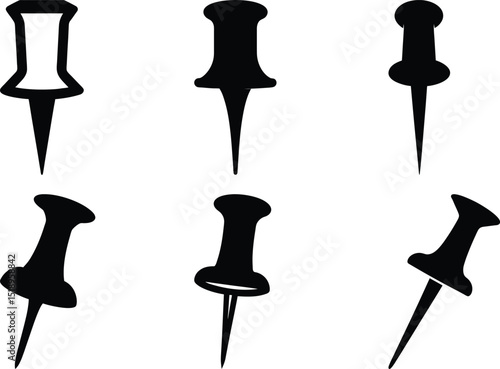 A collection of six black push pin vector silhouettes isolated on white