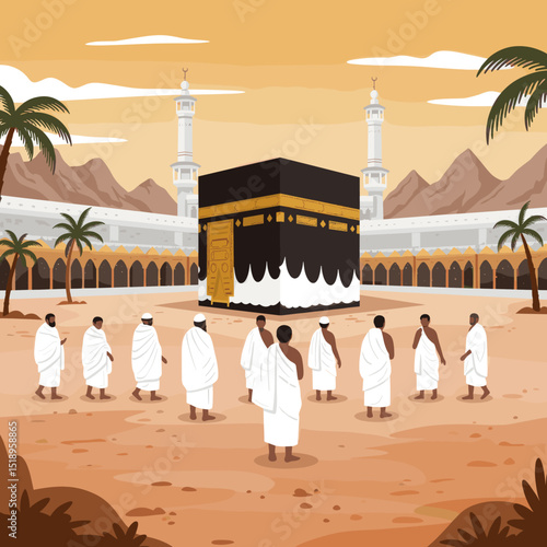 Pilgrims in white robes stand together in front of the Kaaba during the Hajj pilgrimage, with a reverent and holy atmosphere surrounding the sacred site.