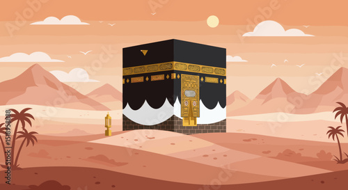 The Kaaba in Mecca surrounded by pilgrims during the day. The setting is vibrant with clear skies, illustrating the busy yet sacred atmosphere of the area.