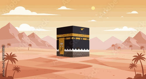 The Kaaba in Mecca surrounded by pilgrims during the day. The setting is vibrant with clear skies, illustrating the busy yet sacred atmosphere of the area.