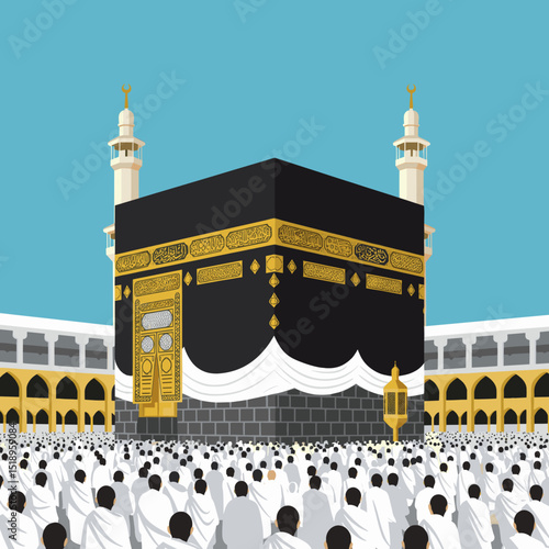 The Kaaba in Mecca surrounded by pilgrims during the day. The setting is vibrant with clear skies, illustrating the busy yet sacred atmosphere of the area.