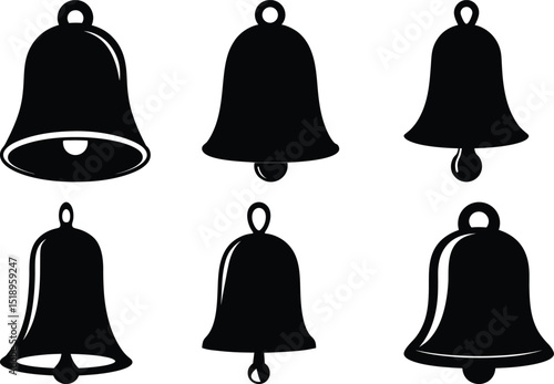 Collection of black and white silhouette illustrations of various bell shapes
