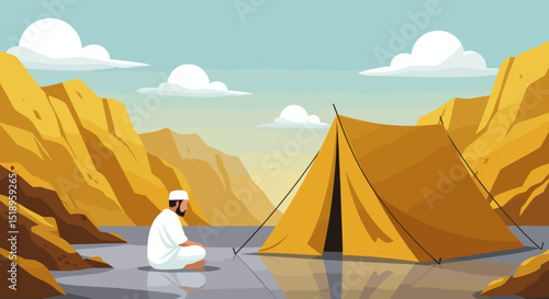 A serene desert scene featuring a mosque in the distance, with tents scattered around, showcasing the peaceful desert life alongside traditional Islamic structures.