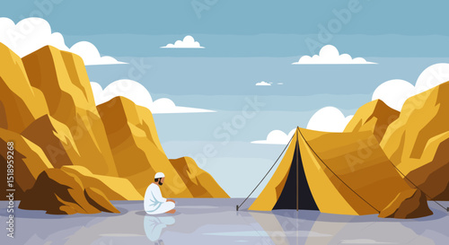 A serene desert scene featuring a mosque in the distance, with tents scattered around, showcasing the peaceful desert life alongside traditional Islamic structures.