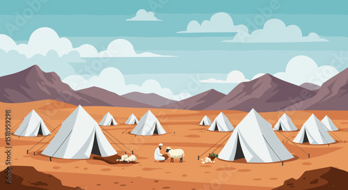 A serene desert scene featuring a mosque in the distance, with tents scattered around, showcasing the peaceful desert life alongside traditional Islamic structures.