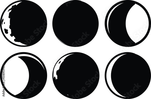 Moon phases illustration in black and white showing different stages of visibility