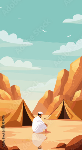 A serene desert scene featuring a mosque in the distance, with tents scattered around, showcasing the peaceful desert life alongside traditional Islamic structures.