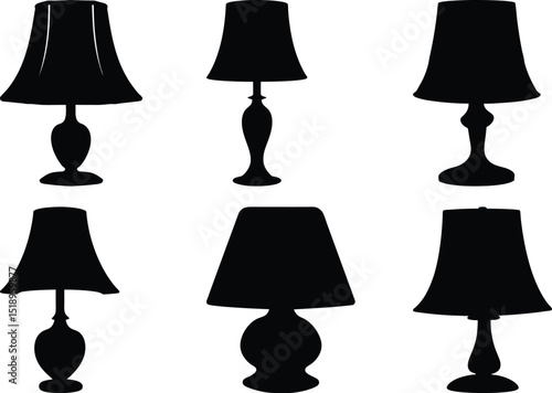 Silhouette Collection of Six Different Table Lamps with Various Shade Shapes