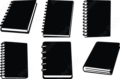 Collection of black and white vector illustrations depicting various notebooks and journals