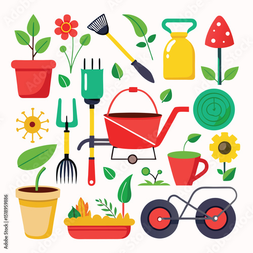 Colorful Flat Vector Illustration of Garden Tools and Plants on White Background
