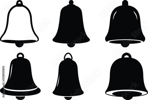 A collection of six bell illustrations, with varying shapes and styles