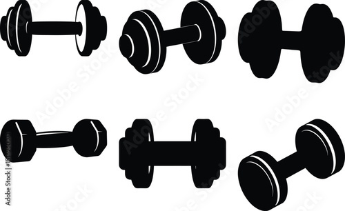 Black dumbbell icons set on white background in different positions