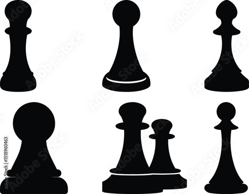 Various chess pawns in black silhouette arranged on a white backdrop