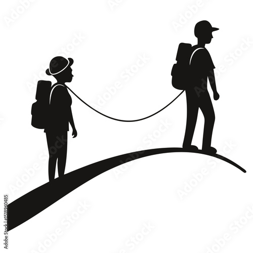 Two Hikers Connected by Rope on a Ridge Silhouette Illustration