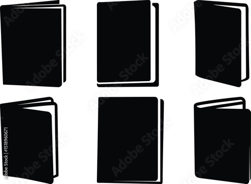 Illustrative set of different opened and closed black book angles on white background