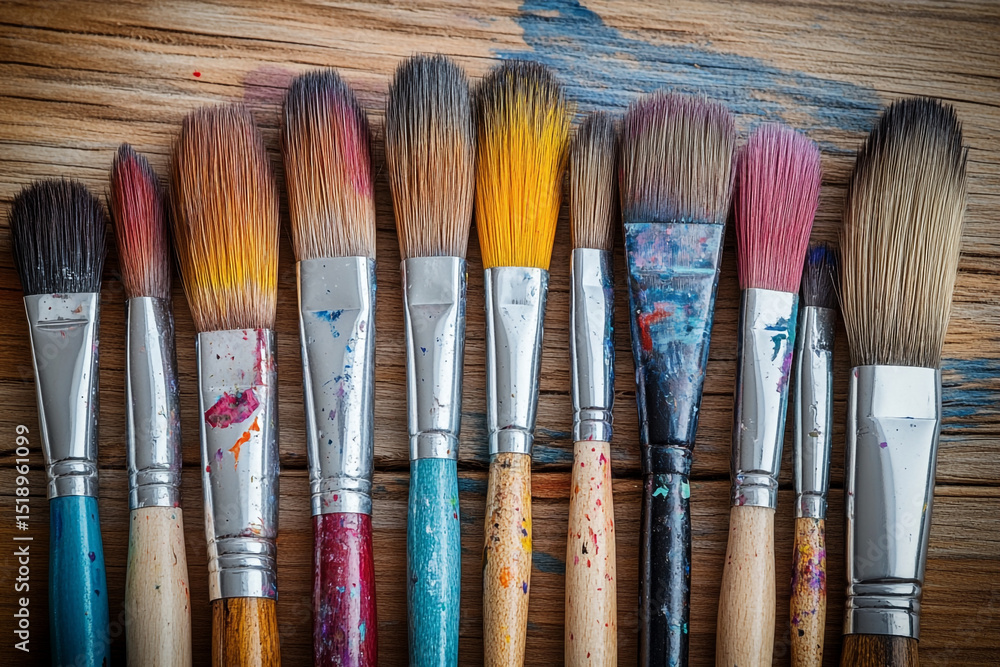 Fototapeta premium Natural Light Highlighting Artist’s Brushes with Colorful Paint Marks