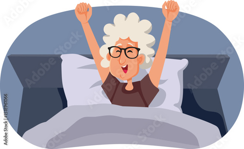 Happy Granny Waking Up Stretching Arms Vector Cartoon. Funny grandmother feeling relaxed and comfortable at home 
