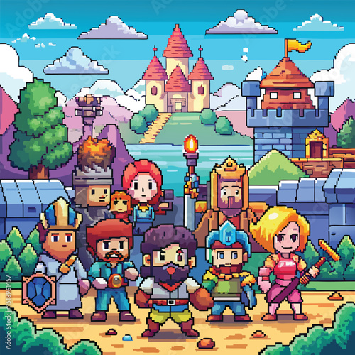 Pixelated RPG Party Standing Before a Castle in a Bright and Colorful Landscape