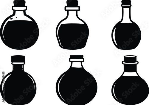 Six Black and White Cartoon Bottles with a variety of shapes and sizes