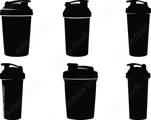 Six protein shaker bottle silhouettes demonstrating different lid designs and styles