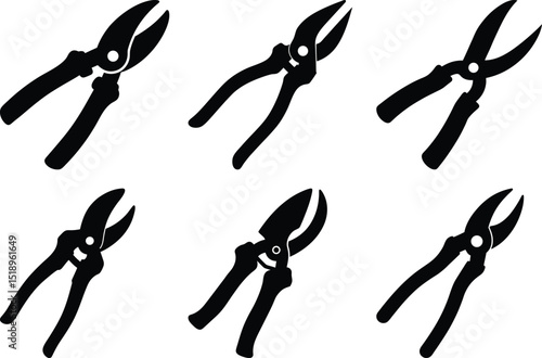 Multiple Silhouetted Garden Shears in Various Positions on a White Background