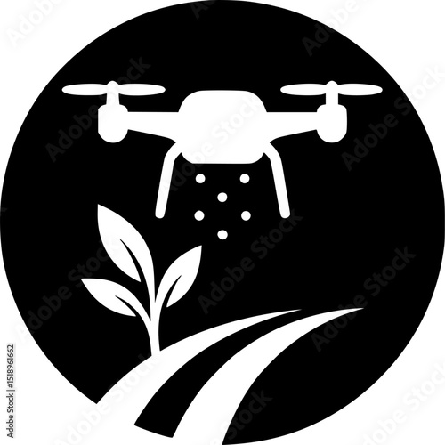 Agricultural drones logo.  Drone and Agriculture Field at Sunset - Vector Logo Design