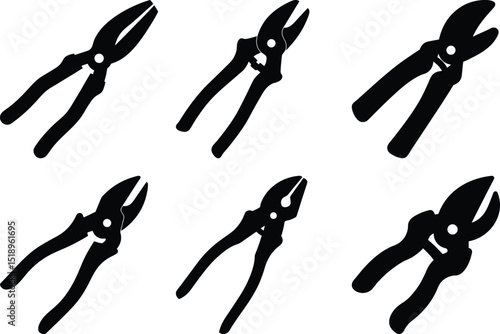 Set of six black vector silhouette illustration of various style of shears