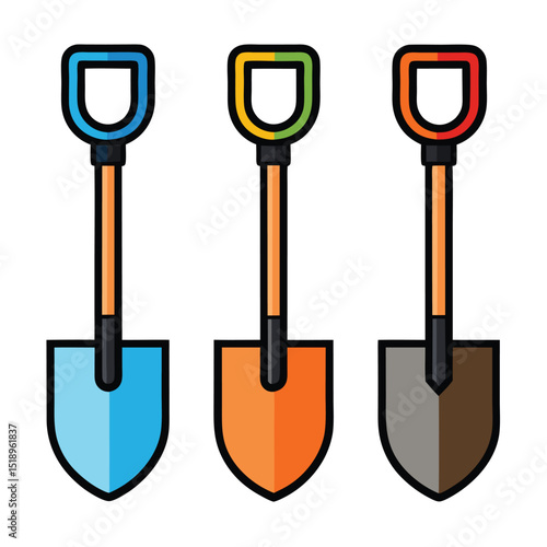 Three colorful shovels in a row on a white background vector