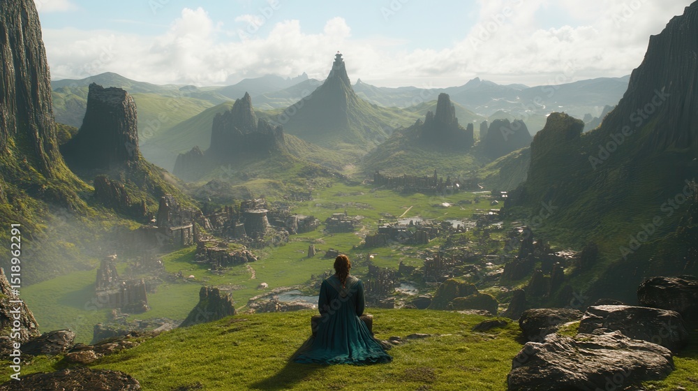 Fototapeta premium Woman Contemplates Ancient Valley Civilization Ruins