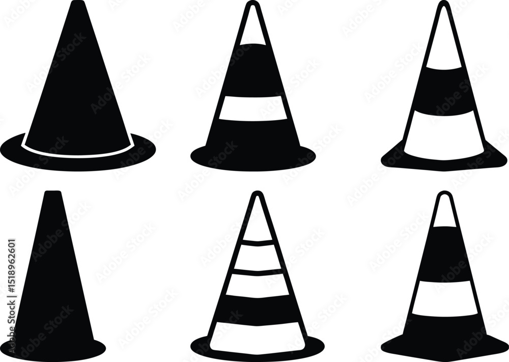 Assorted Silhouetted Traffic Cones in Black and White Vector Graphic Assorted Silhouetted Traffic Cones in Black and White Vector Graphic