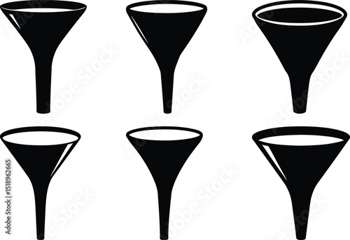 A set of black and white funnel illustrations with a classic design