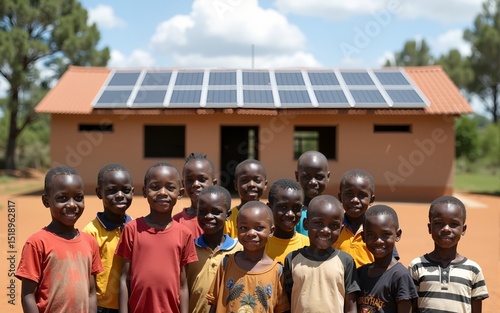 African children standing in front of a school with solar panels on the roof. High quality