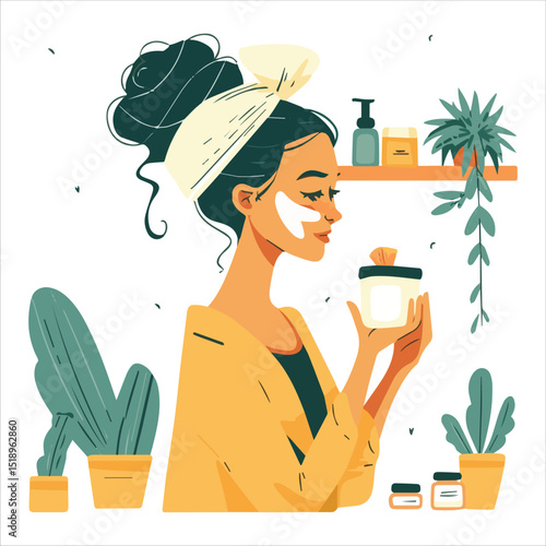 Skincare routine woman. Young girl applies face. illustration
