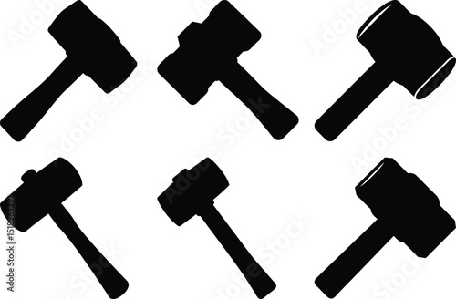 Black and white silhouette illustration featuring six different rubber mallet shapes