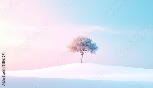 パステルの空に佇む一本の木/静寂の中のシンボルツリー/ミニマルな風景と優しい色彩