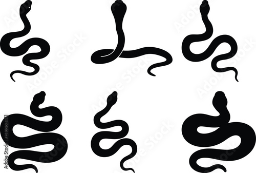 Silhouettes of multiple black snakes in different poses on a white background