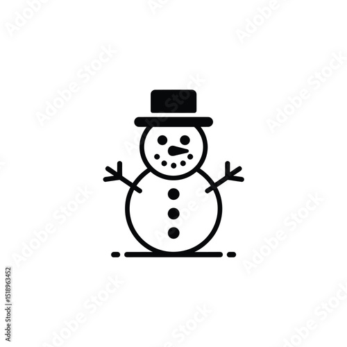 Black and White Snowman Icon with Hat, Carrot Nose, Coal Buttons, and Stick Arms