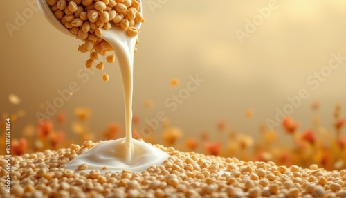 luxurious soy milk pouring down from a natural red field in front of a golden banner template background
