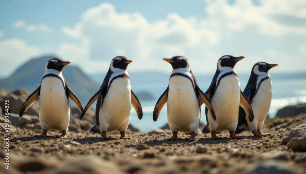 Fototapeta premium subject: pegguins walking in a dreamscape style, showing their details from above