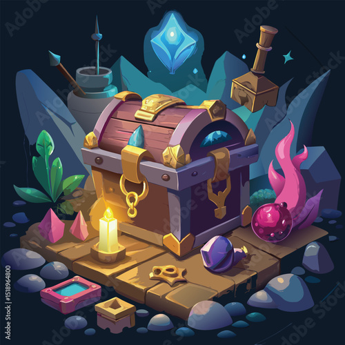 Stylized Treasure Chest with Magical Items in a Fantasy Setting Illustration