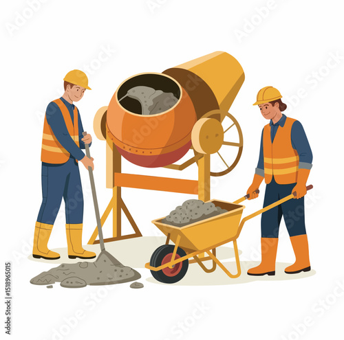 Construction workers using a cement mixer and wheelbarrow preparing concrete for construction