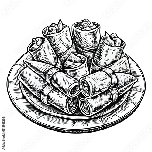 Hand Drawn Spring Rolls on a Plate Asian Cuisine Illustration
