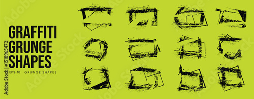 Grunge Graffiti Halftone Texture Elements Set Abstract Geometric Shapes. Ink Spray Frame Borders. Glitch Distortion. Noise Overlay And Distressed Vector Effects