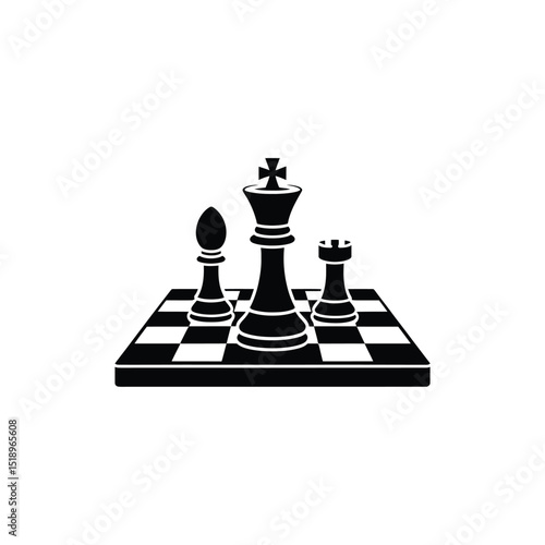 Black Chess Pieces King, Bishop, and Rook on a Chessboard, Isolated