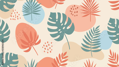 Seamless pattern featuring tropical leaves such as monstera and palm, combined with abstract pastel shapes. Perfect for fabric design, wallpaper, wrapping paper, or summer-themed backgrounds.